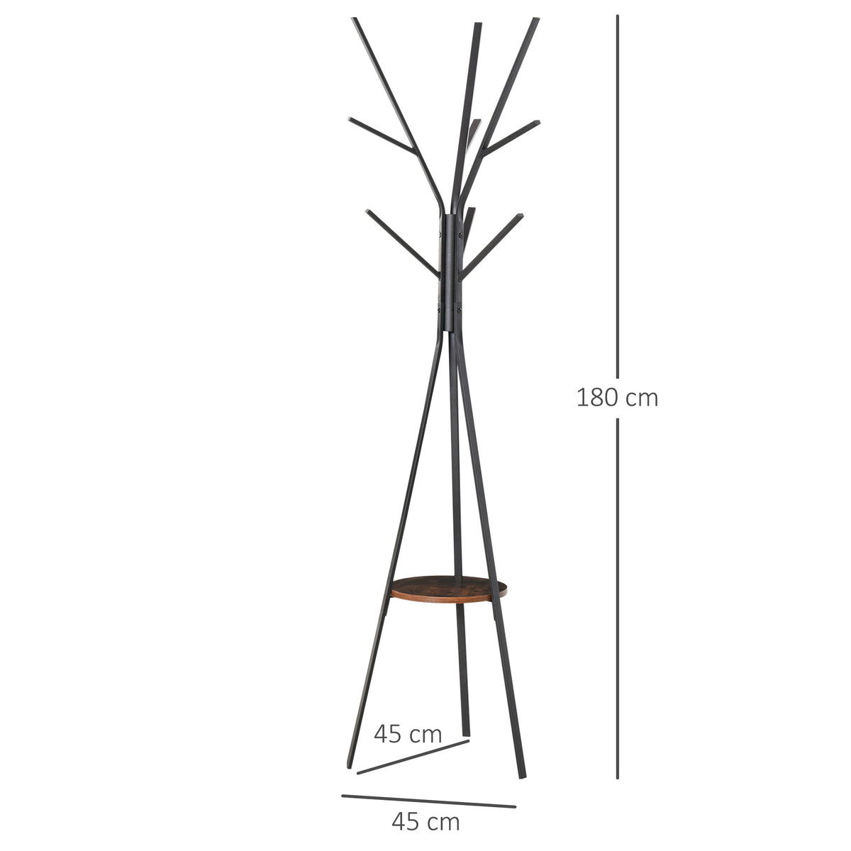 Freestanding metal coat rack with nine hooks and a round brown shelf, 180 cm tall