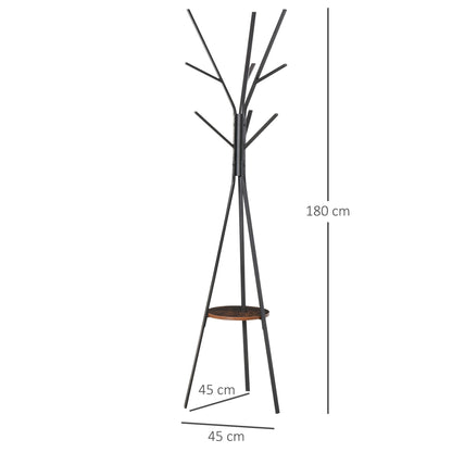 Freestanding metal coat rack with nine hooks and a round brown shelf, 180 cm tall