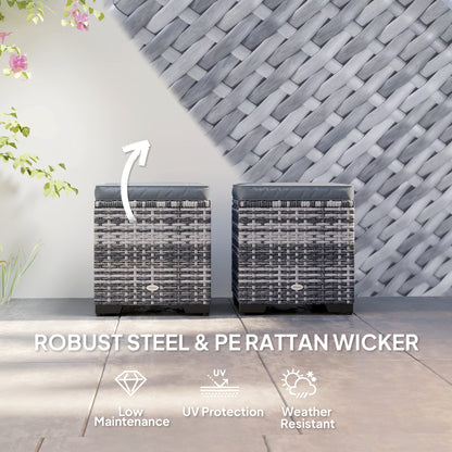 Pair of dark gray rattan ottomans with cushioned lids and woven construction