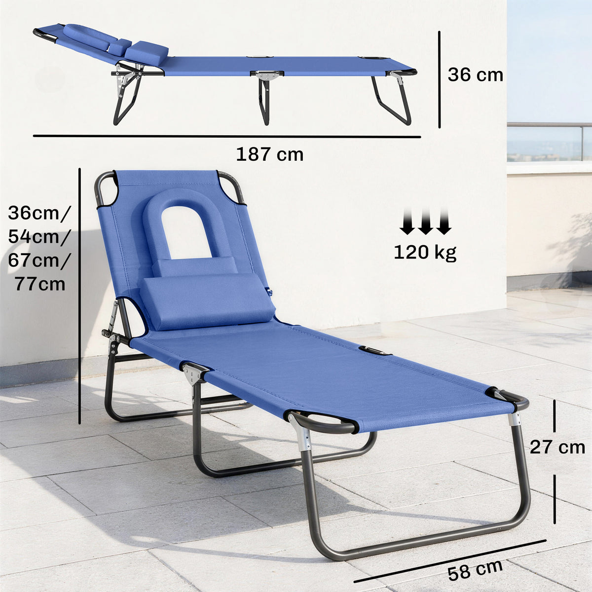Outsunny Folding Sun Lounger with Face Hole, 4-Position Adjustable Backrest Garden Recliner Chair Sunbed, Outdoor Lounge Chair with 600 D Oxford Cloth Seat, Pillow for Beach, Blue
