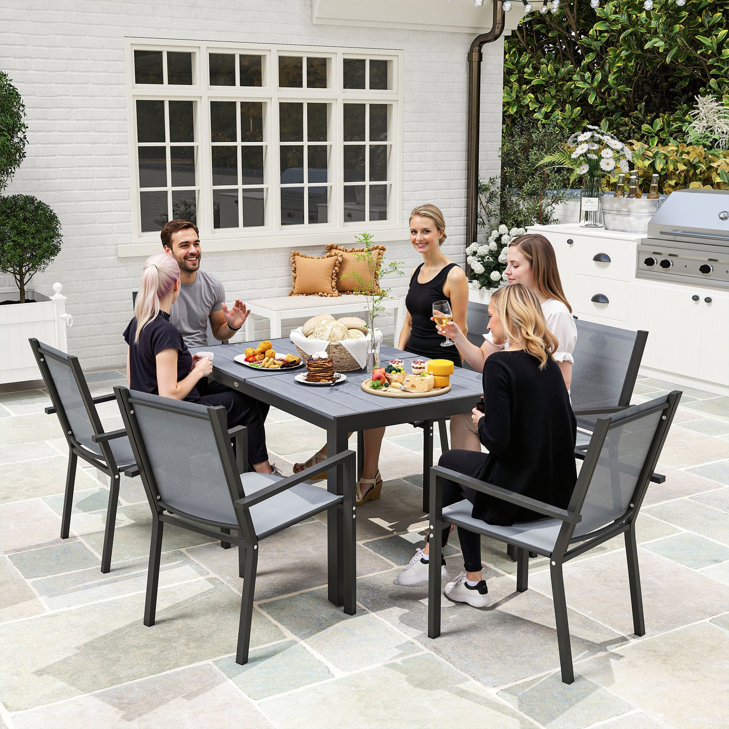 Outsunny Seven-Piece Garden Dining Set, with Plastic Wood-Top Table - Grey