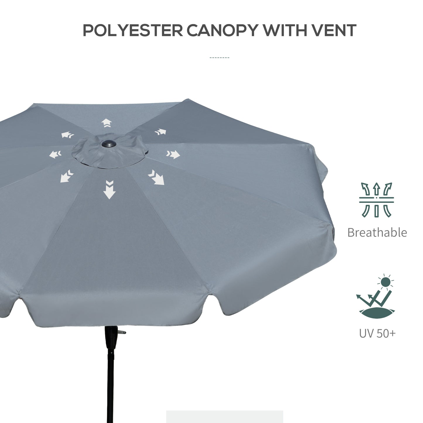 Outsunny 2.7m Patio Parasol Garden Umbrellas Outdoor Sun Shade Table Umbrella with Tilt, Crank, 8 Ribs, Ruffles, Grey