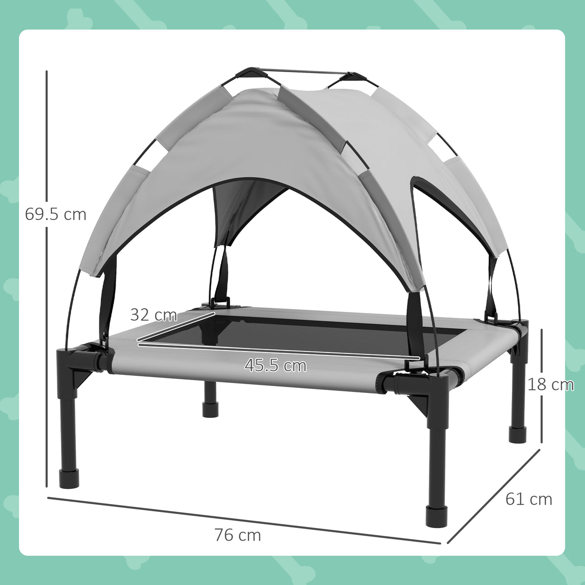 Raised pet bed with canopy, shown with dimensions of 76 by 61 by 69.5 cm