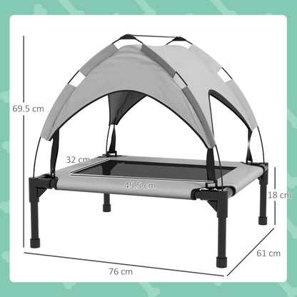 Raised pet bed with canopy, shown with dimensions of 76 by 61 by 69.5 cm