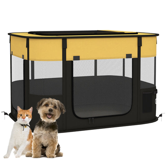 Photo of PawHut Foldable Dog Pen with Storage Bag for Indoor/Outdoor Use, Portable Pet playpen, with Ground Stakes - Yellow in Yellow colour on a white background