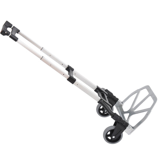 HOMCOM hand truck opened, showing its telescoping handle, wheels, and aluminum loading plate