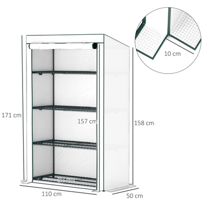 Outsunny mini greenhouse with dimensions shown, white cover, green frame, and four wire shelves
