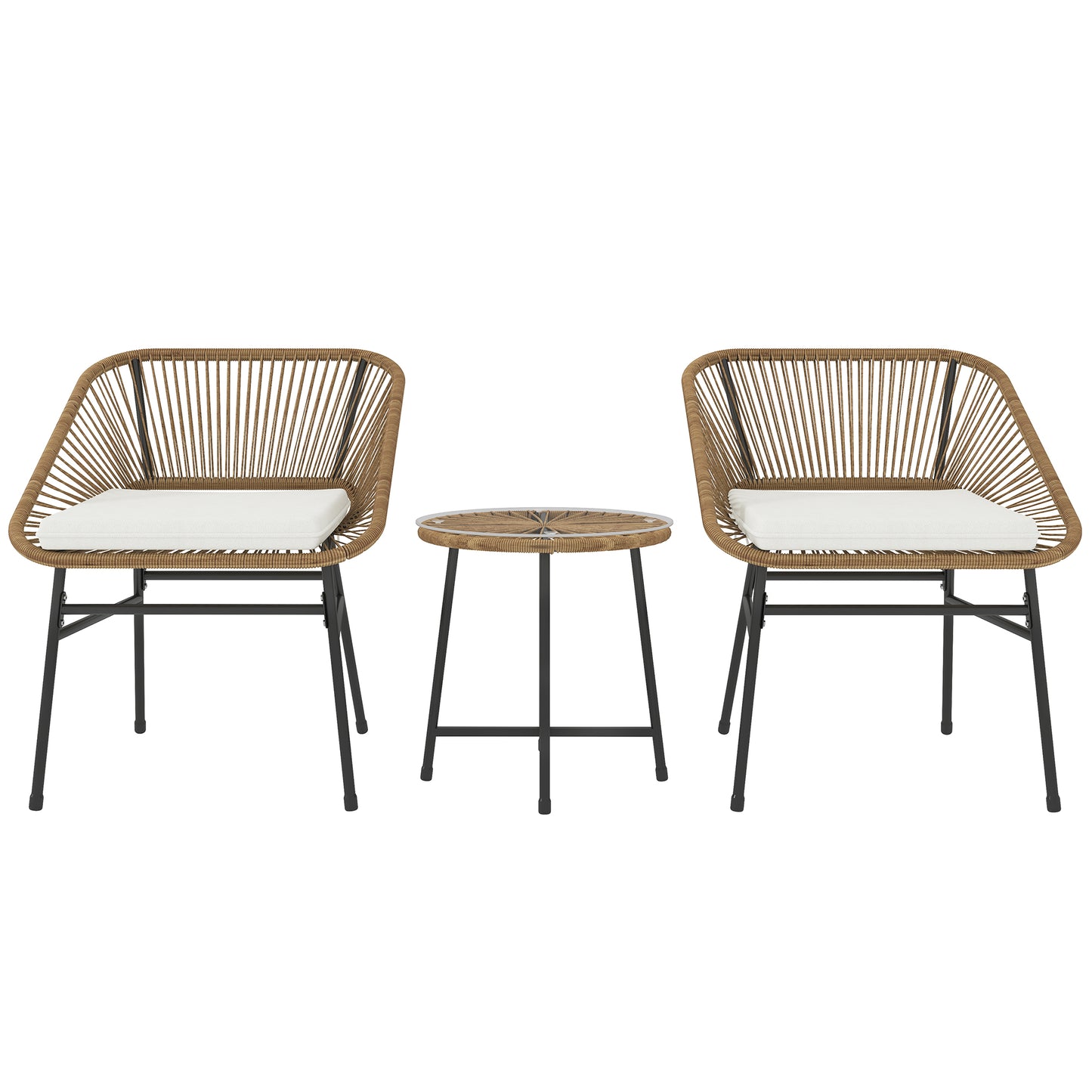 Photo of Outsunny 3 Pieces Rattan Bistro Set, Wicker Small Garden Table and Chairs Set with Cushions and Glass Top Coffee Table, Bistro Garden Furniture Set for Outdoor, Patio, Balcony, Natural in Natural colour on a white background