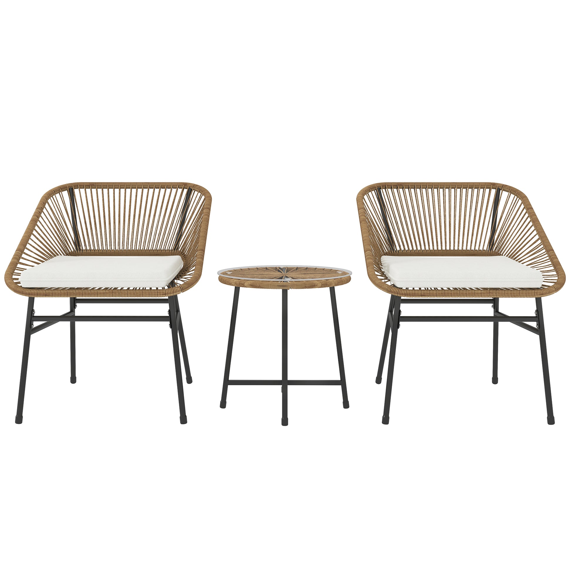 Photo of Outsunny 3 Pieces Rattan Bistro Set, Wicker Small Garden Table and Chairs Set with Cushions and Glass Top Coffee Table, Bistro Garden Furniture Set for Outdoor, Patio, Balcony, Natural in Natural colour on a white background