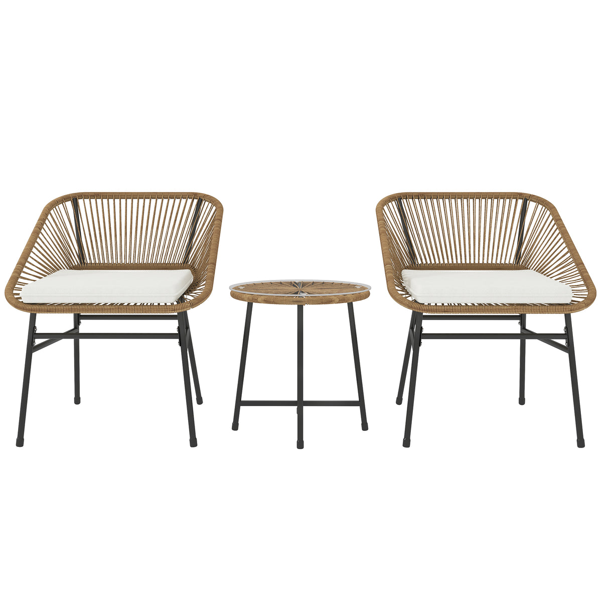 Photo of Outsunny 3 Pieces Rattan Bistro Set, Wicker Small Garden Table and Chairs Set with Cushions and Glass Top Coffee Table, Bistro Garden Furniture Set for Outdoor, Patio, Balcony, Natural in Natural colour on a white background