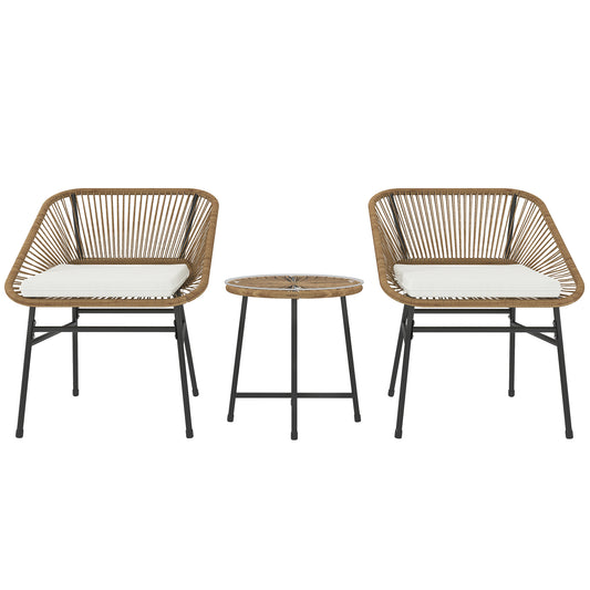 Photo of Outsunny 3 Pieces Rattan Bistro Set, Wicker Small Garden Table and Chairs Set with Cushions and Glass Top Coffee Table, Bistro Garden Furniture Set for Outdoor, Patio, Balcony, Natural in Natural colour on a white background