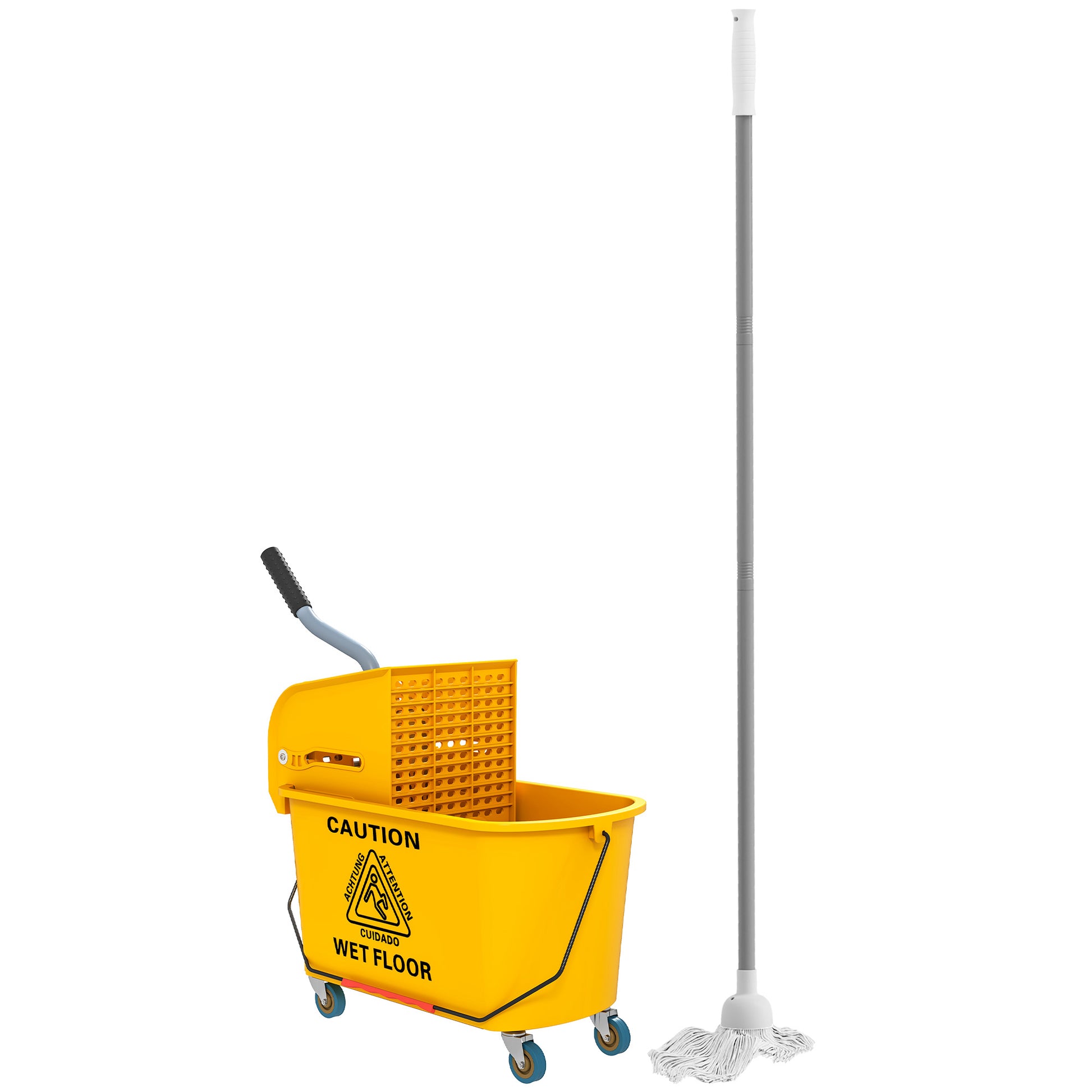 Photo of HOMCOM Mop Bucket with Wringer Set on Wheels for Floor Cleaning, 20 Litre Side Press Wringer with Handle and Mop, Yellow in Yellow colour on a white background