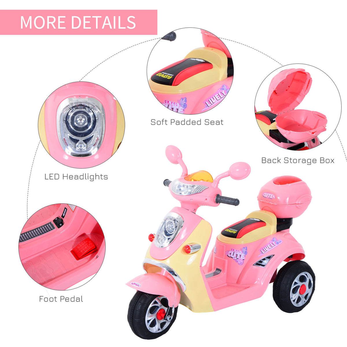 Pink children's electric ride-on scooter with detail views of the headlight, seat, storage box and foot pedal