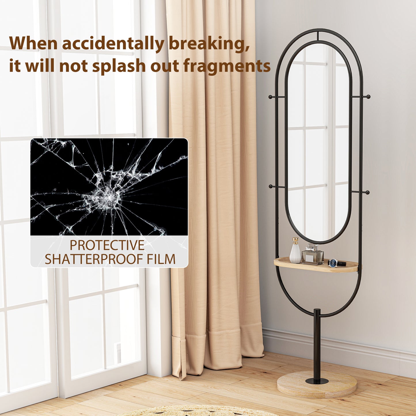 HOMCOM Oval Full Length Mirror with Wooden Tray and 4 Hooks - Black