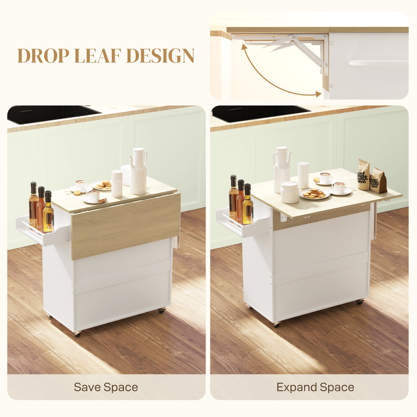 HOMCOM Rolling Kitchen Island with Drop Leaf, Kitchen Storage Cart with Drawer, Spice Rack and Towel Rack, White