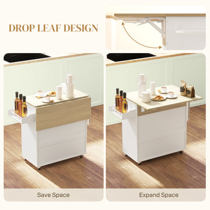Rolling kitchen island shown with its wood-tone drop leaf folded and extended