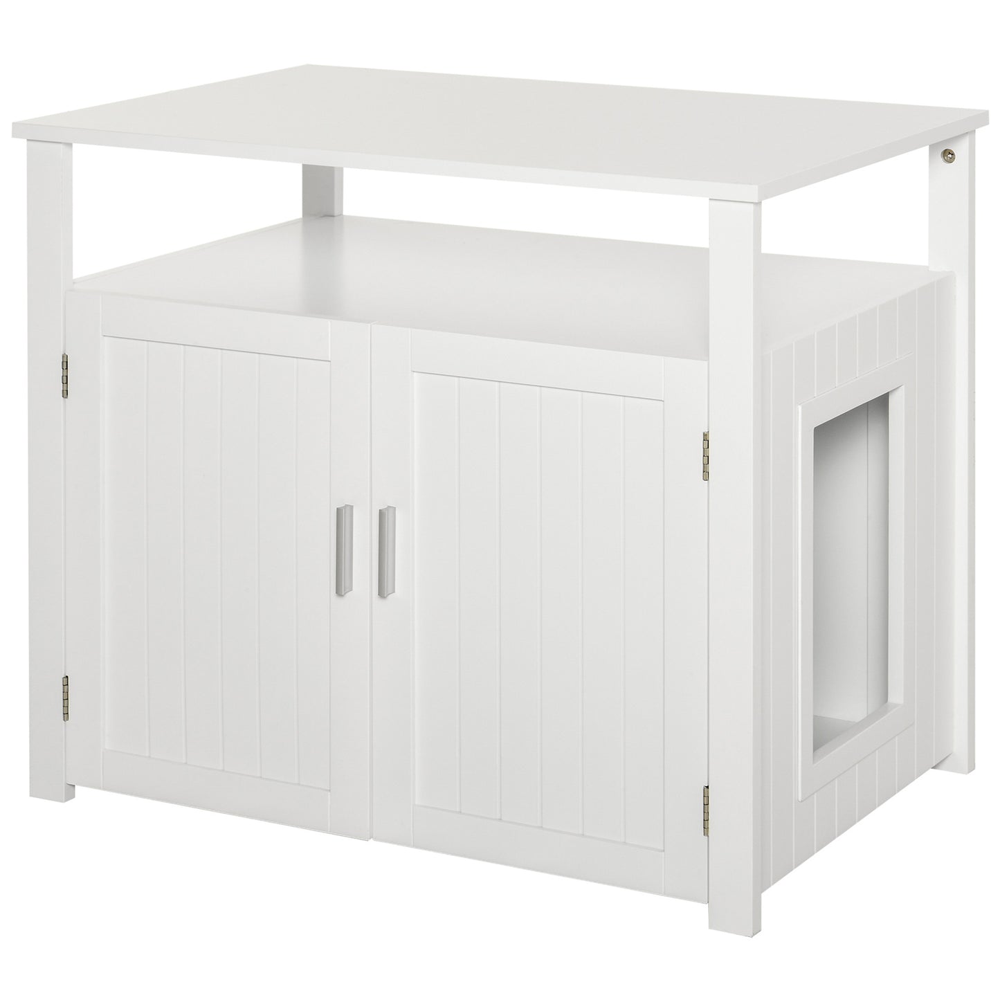 Photo of PawHut Wooden Cat Litter Box Enclosure Furniture with Adjustable Interior Wall & Large Tabletop for Nightstand, White in White colour on a white background