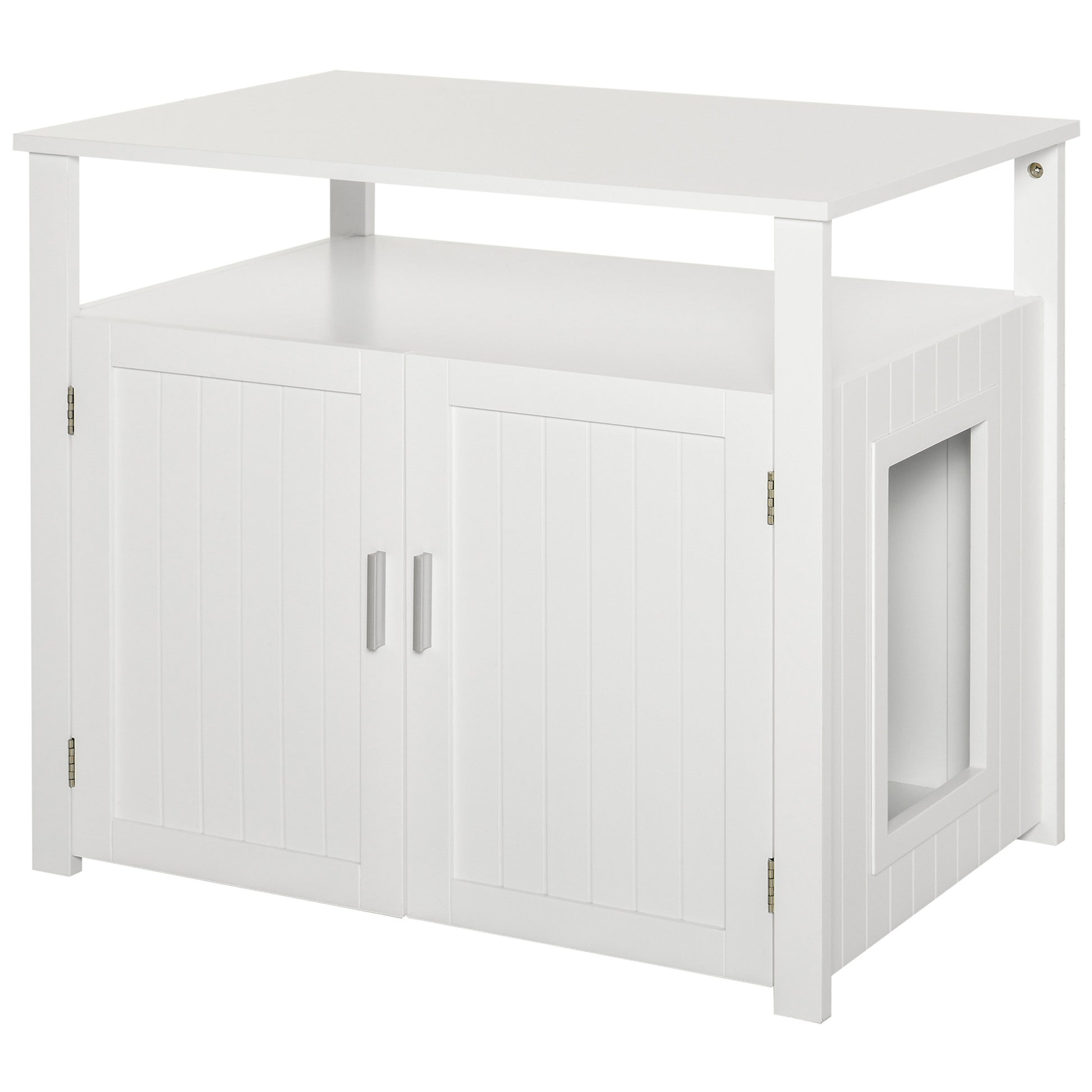 Photo of PawHut Wooden Cat Litter Box Enclosure Furniture with Adjustable Interior Wall & Large Tabletop for Nightstand, White in White colour on a white background