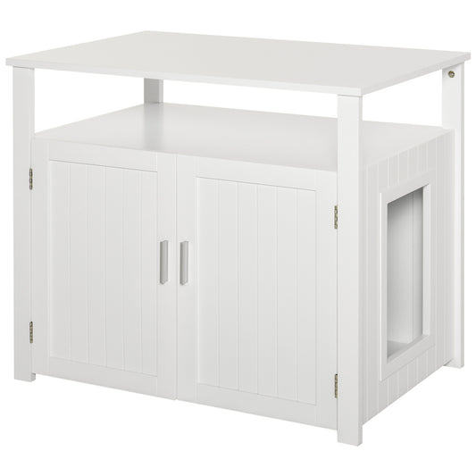 Photo of PawHut Wooden Cat Litter Box Enclosure Furniture with Adjustable Interior Wall & Large Tabletop for Nightstand, White in White colour on a white background