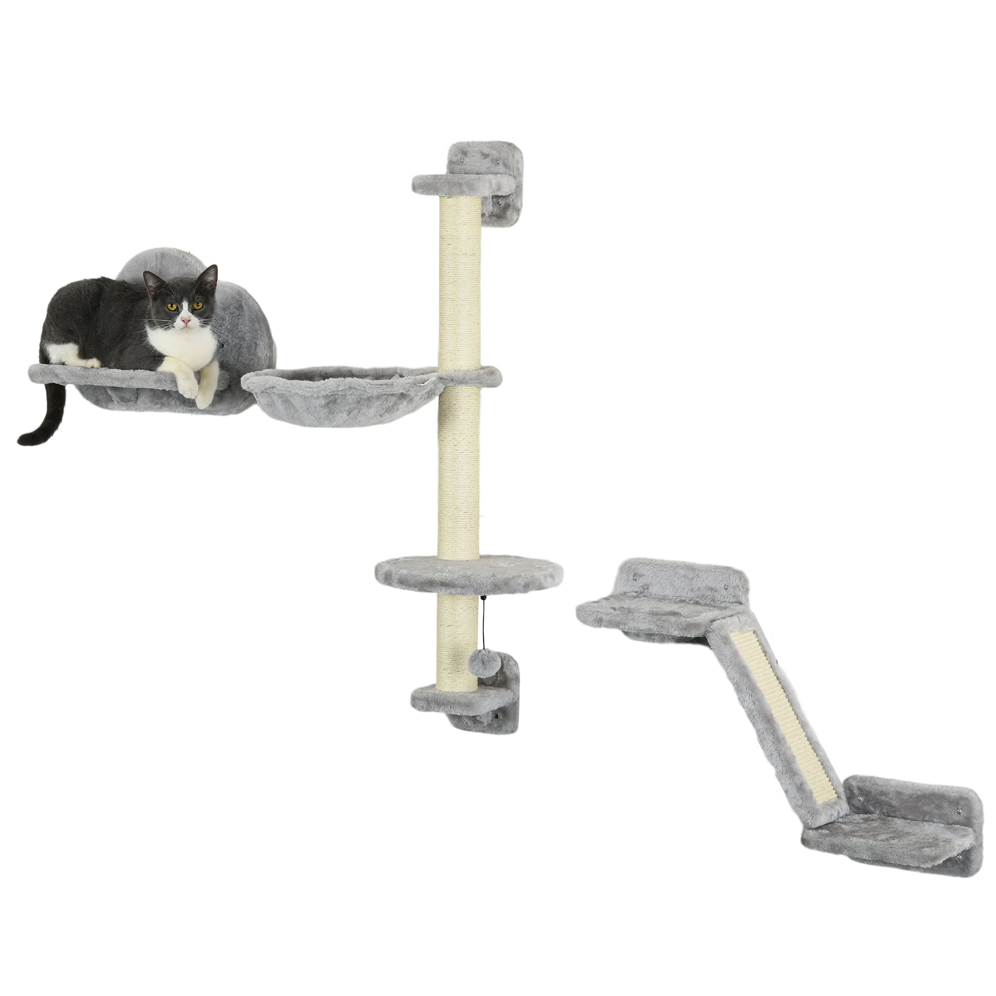 Photo of PawHut Three-Piece Wall-Mounted Cat Shelves, with Hammock, Ladder, Platforms, Scratching Post - Grey in Grey colour on a white background