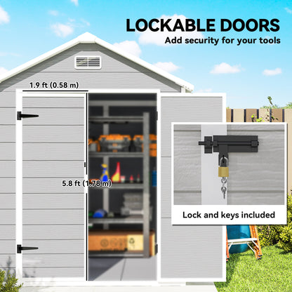 Garden shed with open double doors and close-up of the door lock with keys