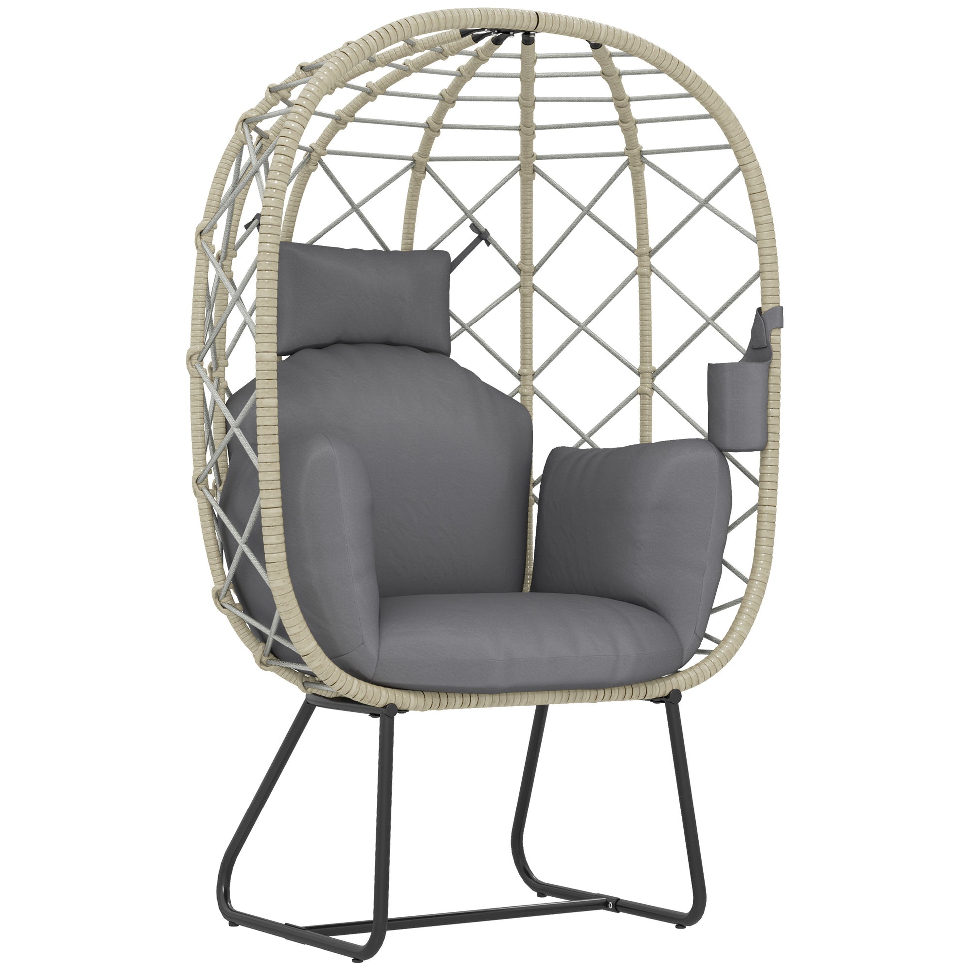 Photo of Outsunny Rattan Egg Chair Outdoor Indoor Wicker Chair with Thickened Cushion and Headrest, Standing Garden Egg Chair with Cup Holder, Metal Frame for Patio, Balcony, Grey in Grey colour on a white background
