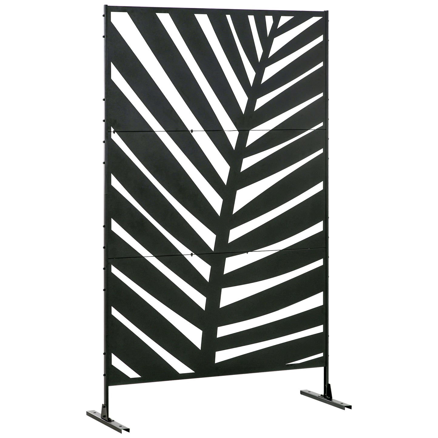 Photo of Outsunny Decorative Privacy Screen with Stand, 6.5FT Freestanding Metal Outdoor Divider, Decorative Privacy Panel with Expansion Screws for Garden Patio Pool Hot Tub, Banana Leaf Style, Black in Black colour on a white background