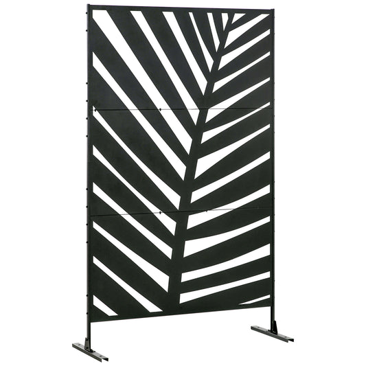 Photo of Outsunny Decorative Privacy Screen with Stand, 6.5FT Freestanding Metal Outdoor Divider, Decorative Privacy Panel with Expansion Screws for Garden Patio Pool Hot Tub, Banana Leaf Style, Black in Black colour on a white background