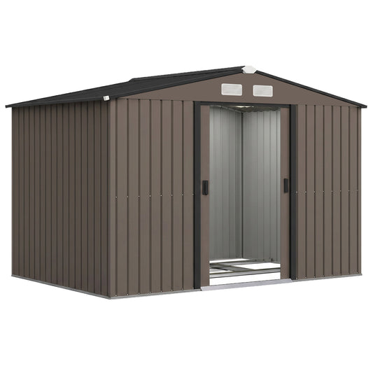 Photo of Outsunny 9 x 6ft Metal Garden Shed, Outdoor Storage Tool House with Ventilation Slots, Foundation Kit and Lockable Double Doors, Brown in Brown colour on a white background