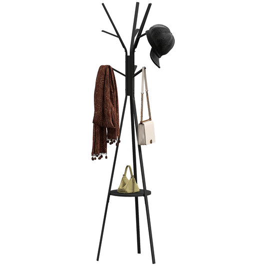 Black metal coat rack with branching hooks and a round shelf, holding a hat, scarf and bags