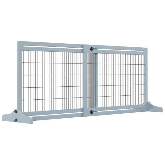 Photo of PawHut Freestanding Dog Gate, Foldable Pet Fence, Indoor Wood Barrier, Stair Gate with Support Feet, for Doorway, Hallway, Small and Medium Dogs, 69H x 104-180 cm, Blue-grey in Blue-grey colour on a white background