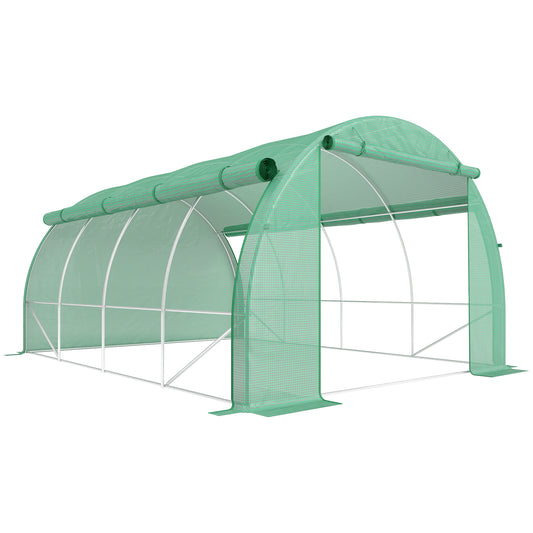 Photo of Outsunny Polytunnel Greenhouse Walk-in Grow House Tent with Roll-up Sidewalls, Zipped Door and 8 Windows, 4x3x2m Green in Green colour on a white background