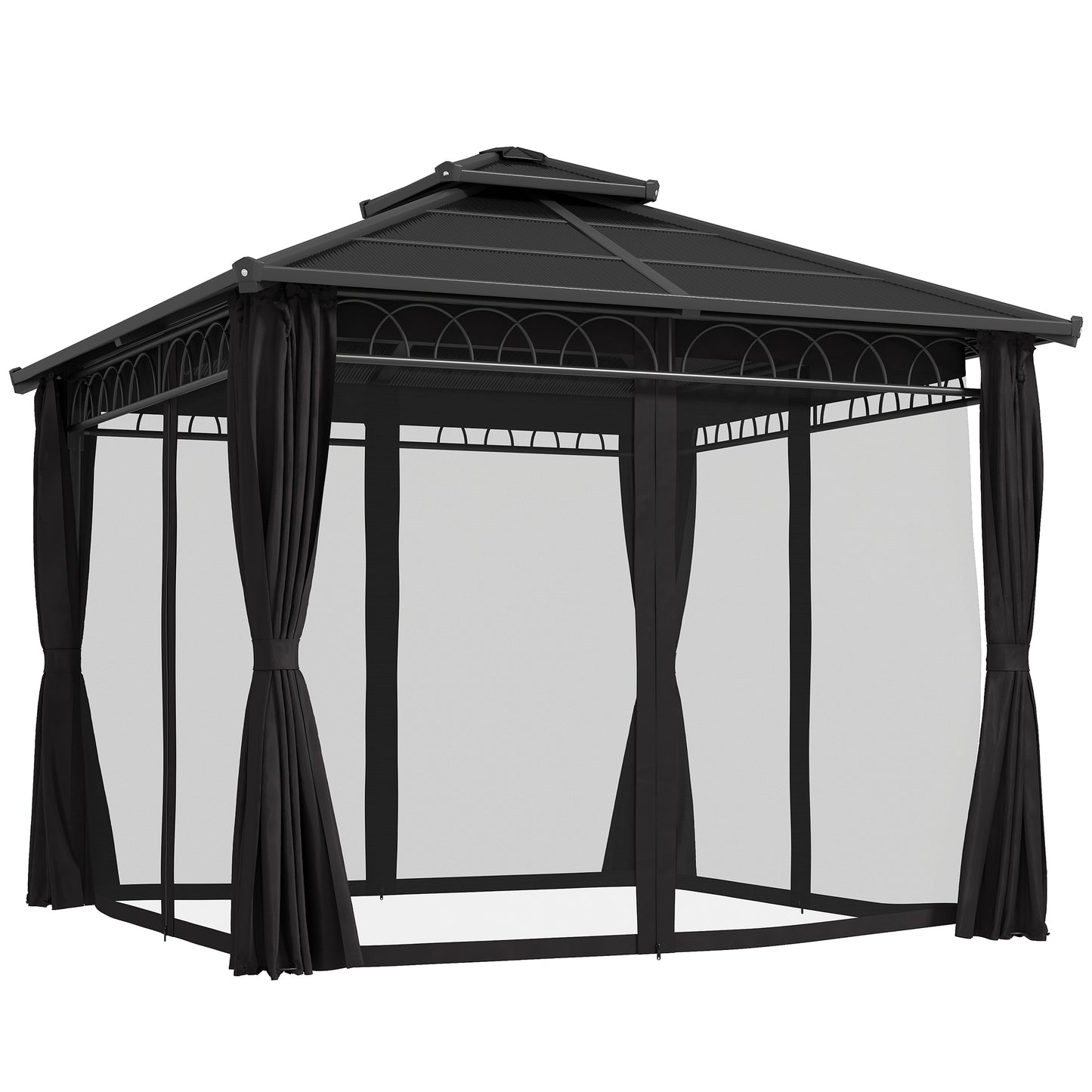 Photo of Outsunny 3 x 3 (m) Outdoor Polycarbonate Gazebo, Double Roof Hard Top Gazebo with Galvanised Steel Frame, Nettings & Curtains for Garden, Lawn, Patio and Deck, Dark Grey in Grey colour on a white background