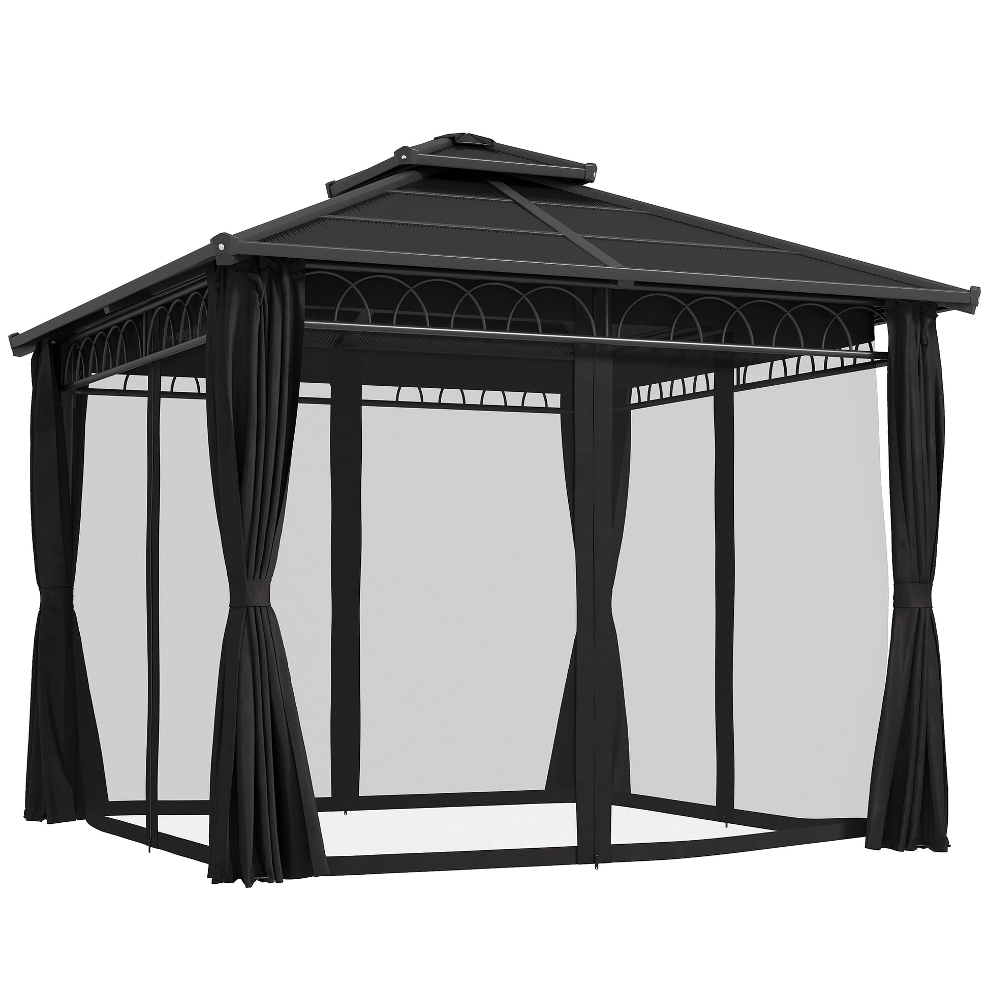 Photo of Outsunny 3 x 3 (m) Outdoor Polycarbonate Gazebo, Double Roof Hard Top Gazebo with Galvanised Steel Frame, Nettings & Curtains for Garden, Lawn, Patio and Deck, Dark Grey in Grey colour on a white background