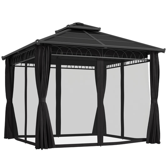 Photo of Outsunny 3 x 3 (m) Outdoor Polycarbonate Gazebo, Double Roof Hard Top Gazebo with Galvanised Steel Frame, Nettings & Curtains for Garden, Lawn, Patio and Deck, Dark Grey in Grey colour on a white background