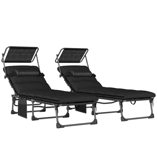 Photo of Outsunny Folding Sun Loungers Set of 2 with Canopy, Reclining Sunbed with Cushion, Side Pocket, Carrying Handle, Black in Black colour on a white background