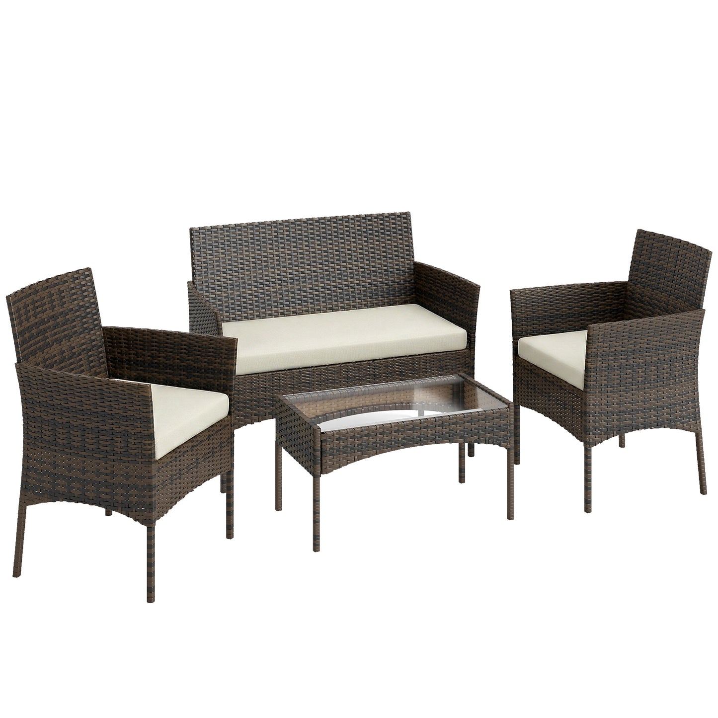 Photo of Outsunny 4 Piece Rattan Garden Furniture Sofa Set with Loveseat, Armchairs, Glass-Top Coffee Table and Cushions, Brown in Brown colour on a white background