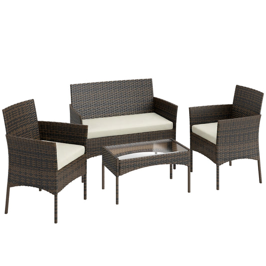 Photo of Outsunny 4 Piece Rattan Garden Furniture Sofa Set with Loveseat, Armchairs, Glass-Top Coffee Table and Cushions, Brown in Brown colour on a white background