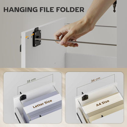 File cabinet drawer with adjustable hanging-file rails for letter- or A4-size folders