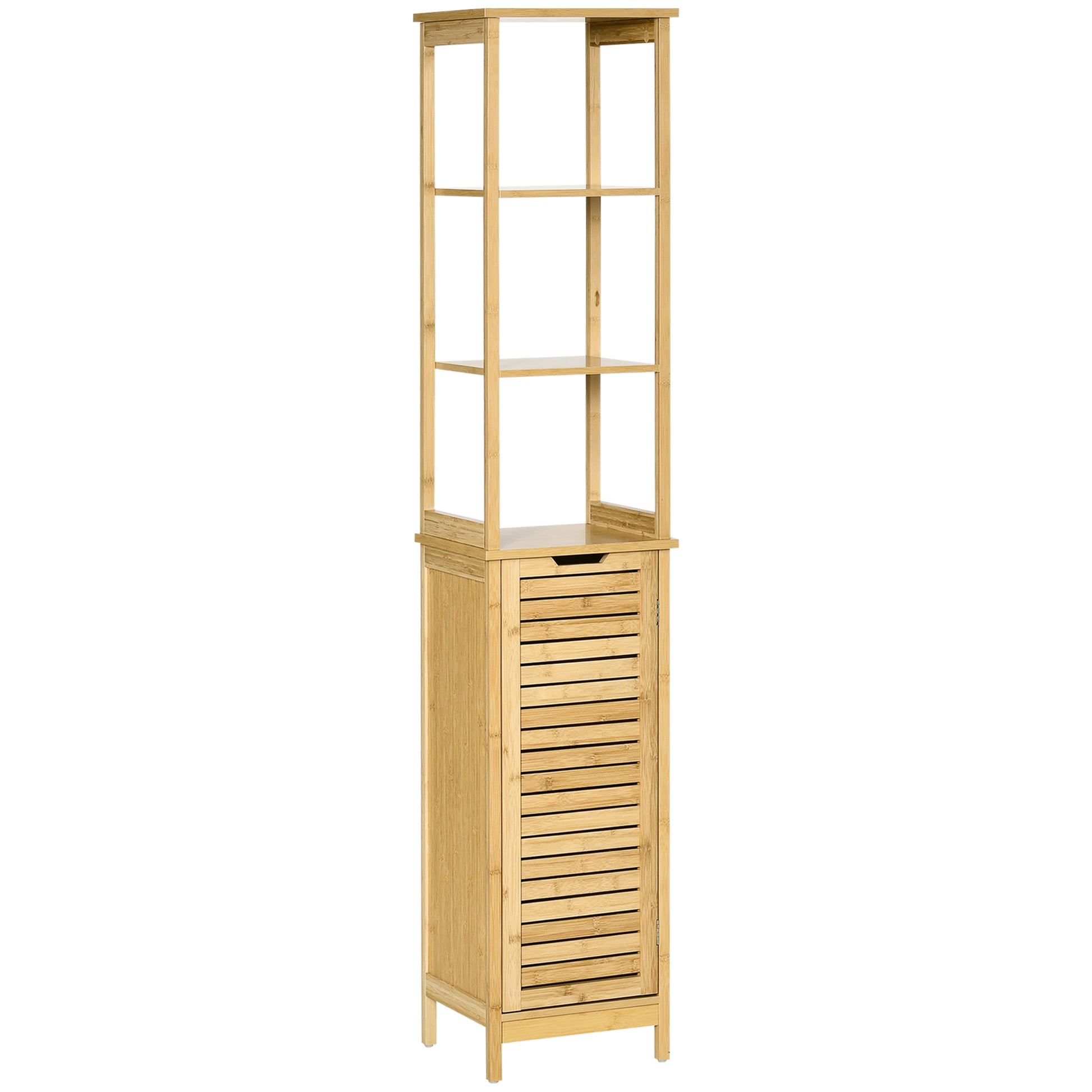 Photo of kleankin Tall Bathroom Cabinet, Slim Storage Cabinet, Tallboy Bamboo Storage Unit with 3-Tier Storage Shelves and Freestanding Organiser, Natural in Natural colour on a white background