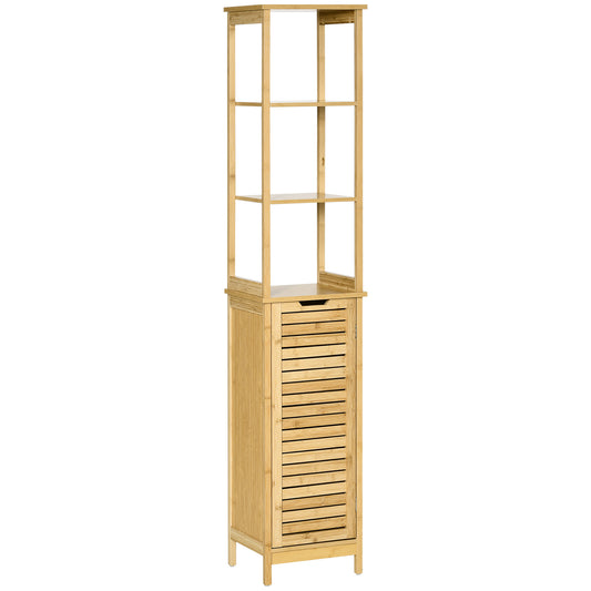 Photo of kleankin Tall Bathroom Cabinet, Slim Storage Cabinet, Tallboy Bamboo Storage Unit with 3-Tier Storage Shelves and Freestanding Organiser, Natural in Natural colour on a white background