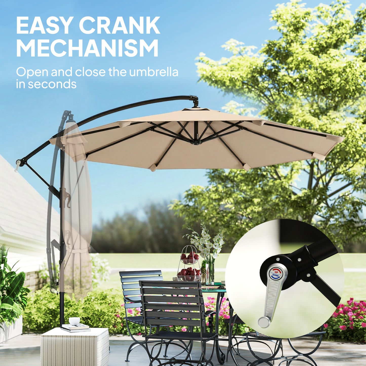 Outsunny 3 m Cantilever Parasol with Protective Cover and Wind Ropes, Banana Parasol with Crank Handle, Khaki