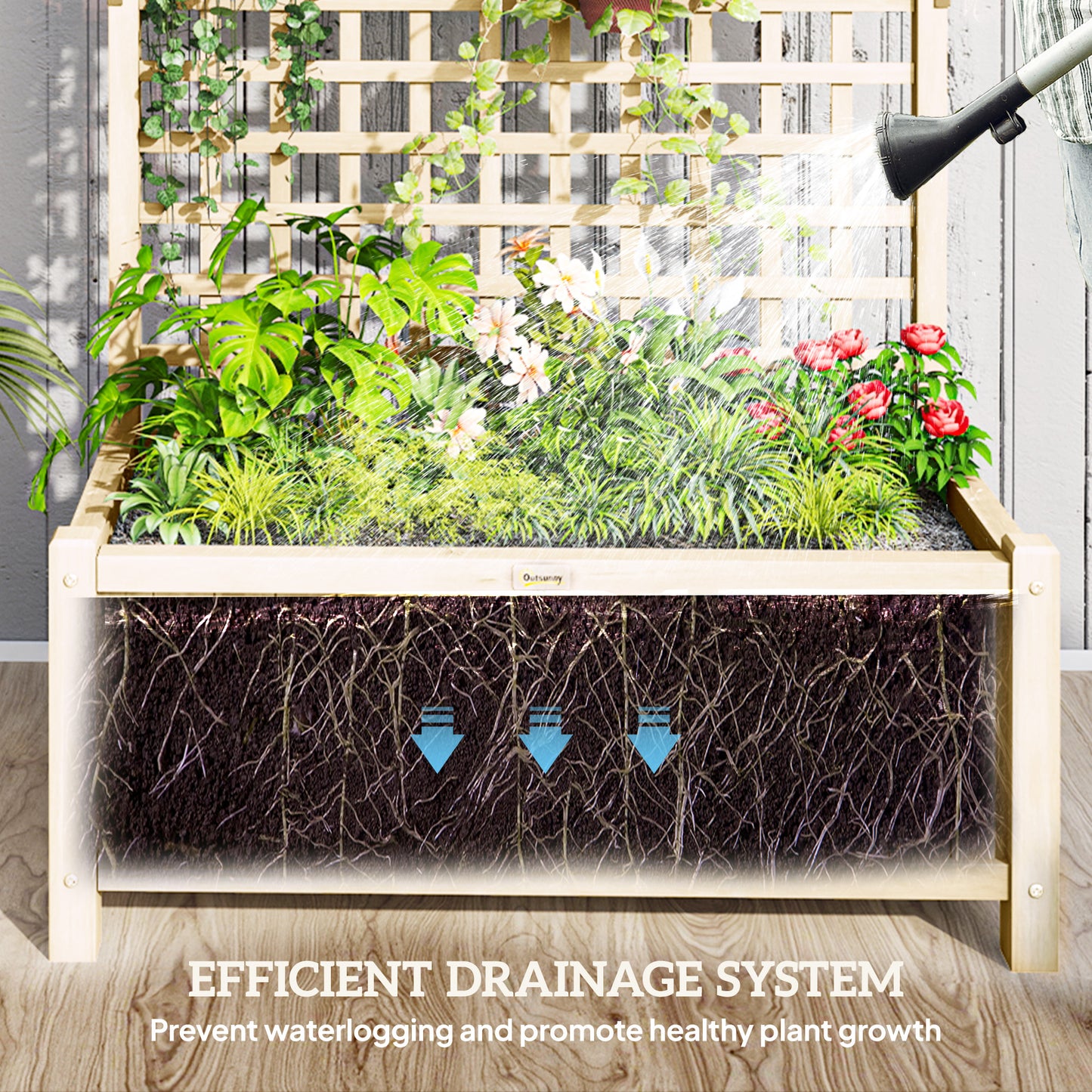 Outsunny Raised Bed & Privacy Screen with Drainage Holes, Wood Planter with Trellis for Climbing Plants to Grow Vegetables, Flowers, Natural