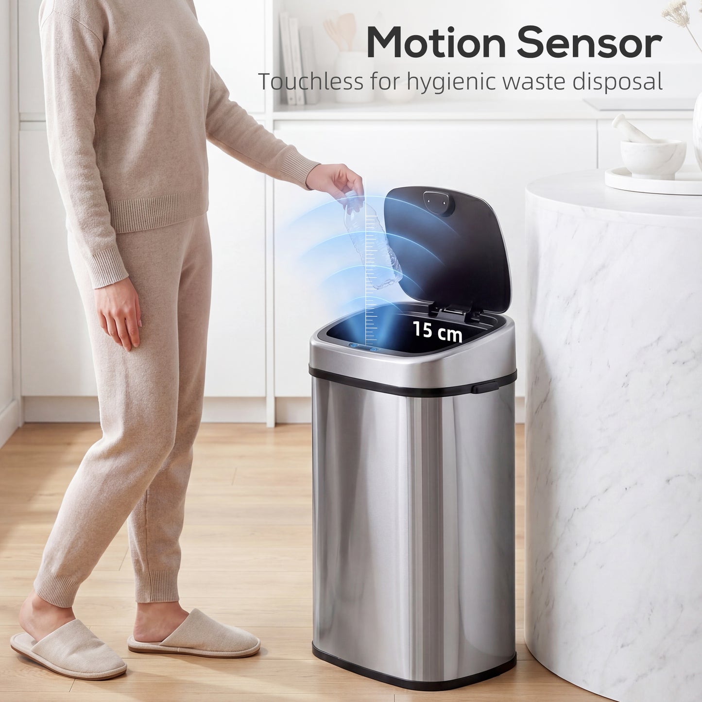 HOMCOM 48L Motion Sensor Bin, Automatic Touchless Rubbish Bin with Fingerprint Resistant Stainless Steel for Kitchen, Hygienic Gyms, Home Office Use, Silver Tone