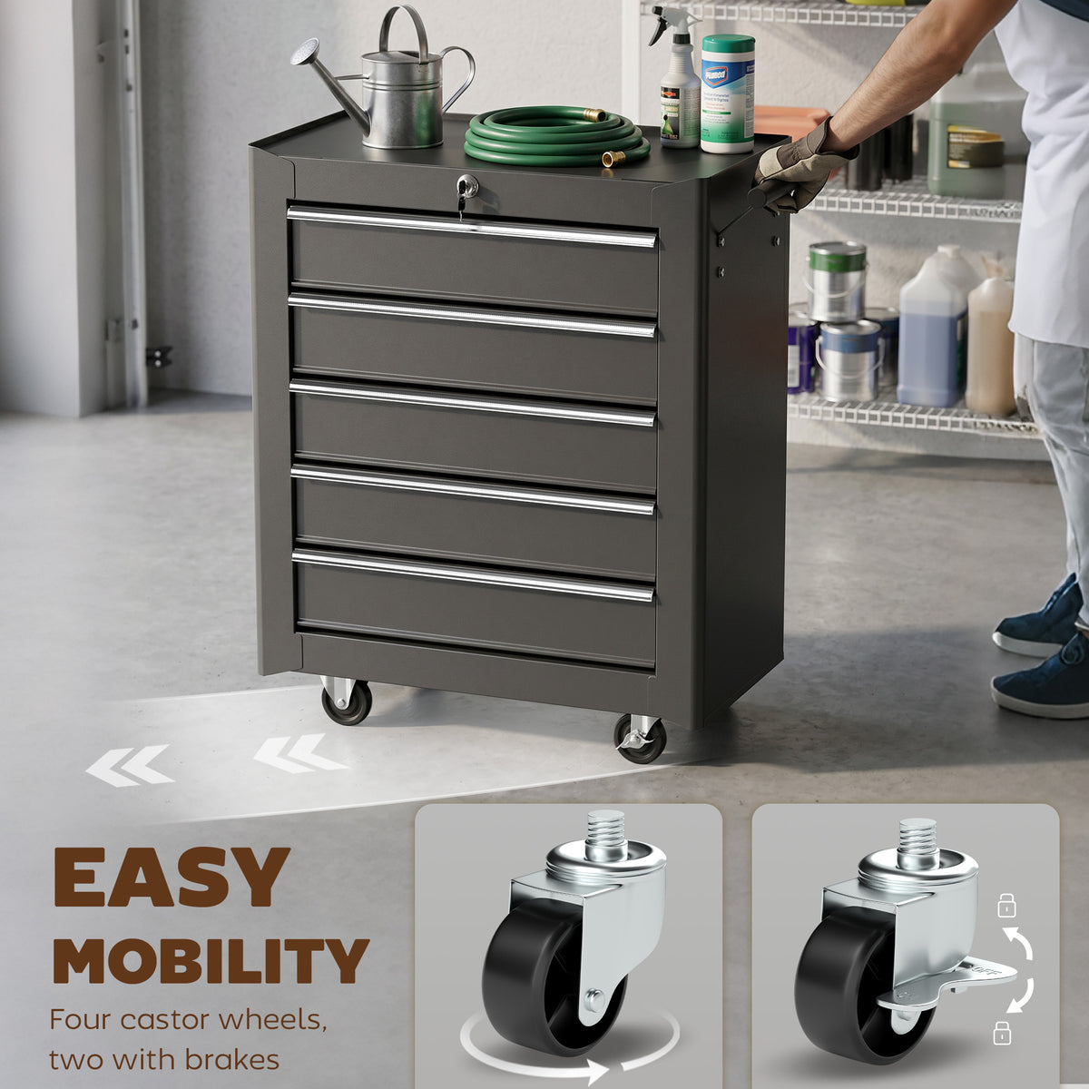 Black HOMCOM five-drawer tool chest with caster wheels and side handle