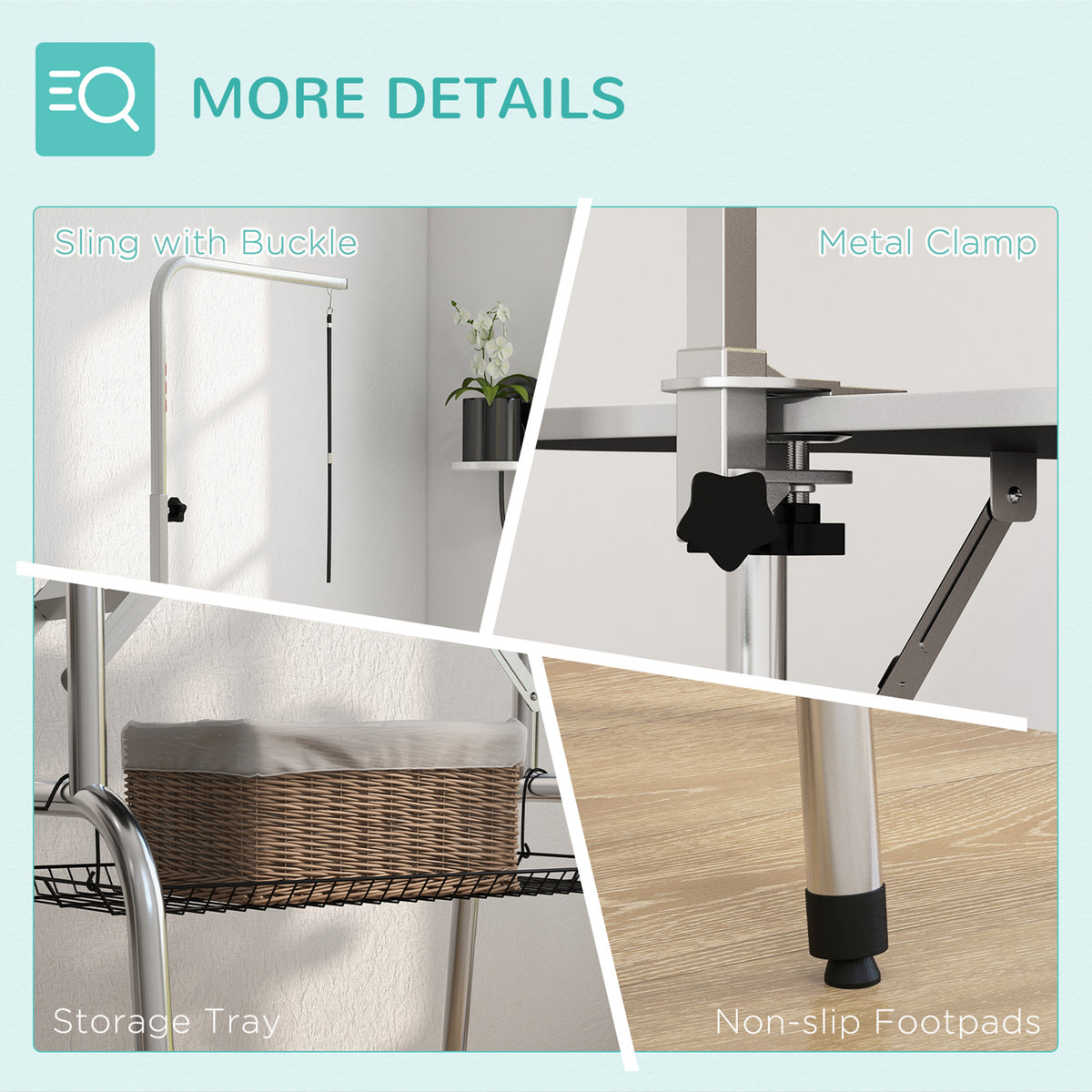PawHut grooming table details: buckle sling, metal clamp, storage tray and nonslip footpads