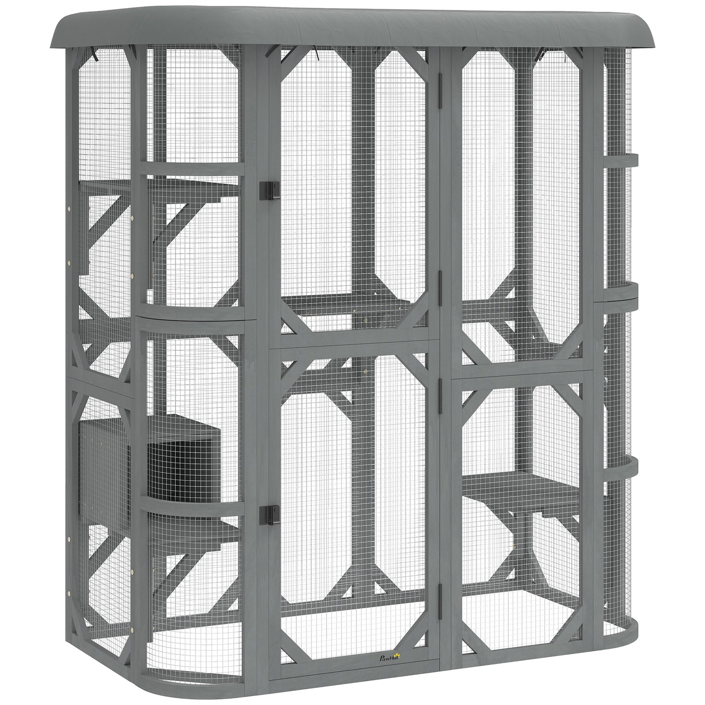 Photo of PawHut Catio Outdoor Cat Enclosure,  Wooden Cat House with Platforms, Condo and Waterproof Cover for 2–3 Kittens, Grey in Grey colour on a white background