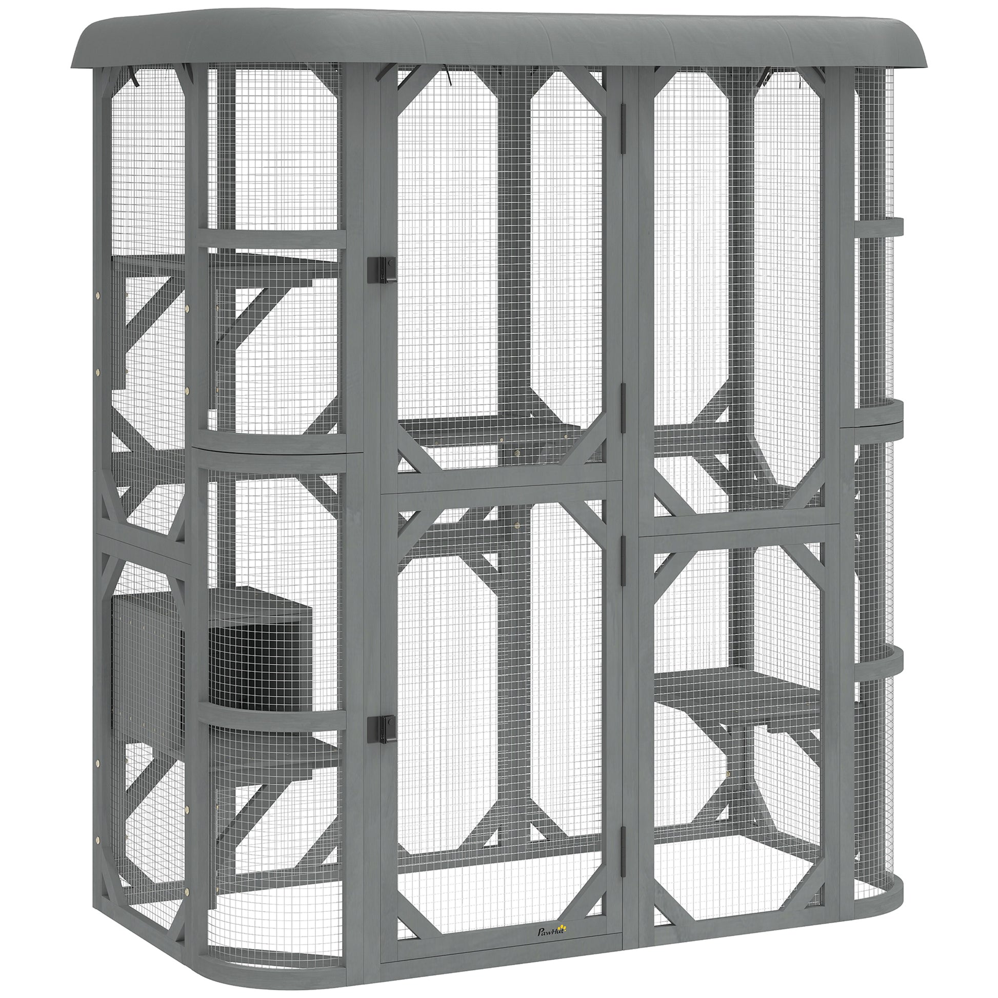 Photo of PawHut Catio Outdoor Cat Enclosure,  Wooden Cat House with Platforms, Condo and Waterproof Cover for 2–3 Kittens, Grey in Grey colour on a white background