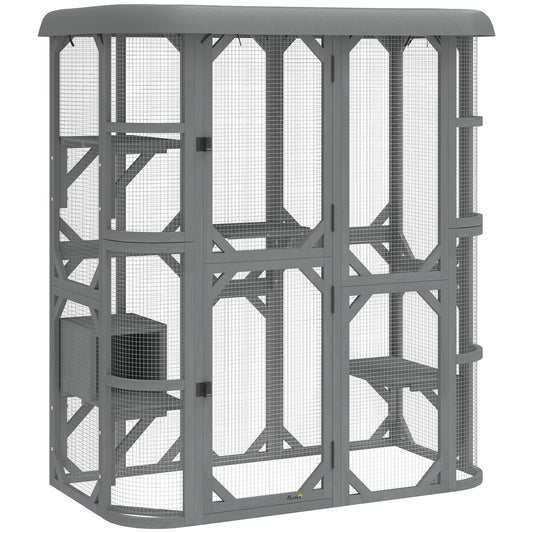 Photo of PawHut Catio Outdoor Cat Enclosure,  Wooden Cat House with Platforms, Condo and Waterproof Cover for 2–3 Kittens, Grey in Grey colour on a white background