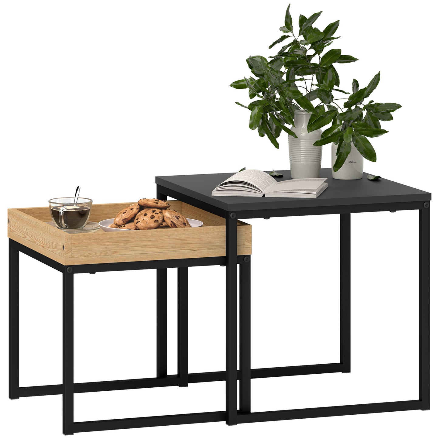 Photo of HOMCOM Set of Two Boxy Nesting Tables - Black/Wood-Effect in Black/Wood-Effect colour on a white background